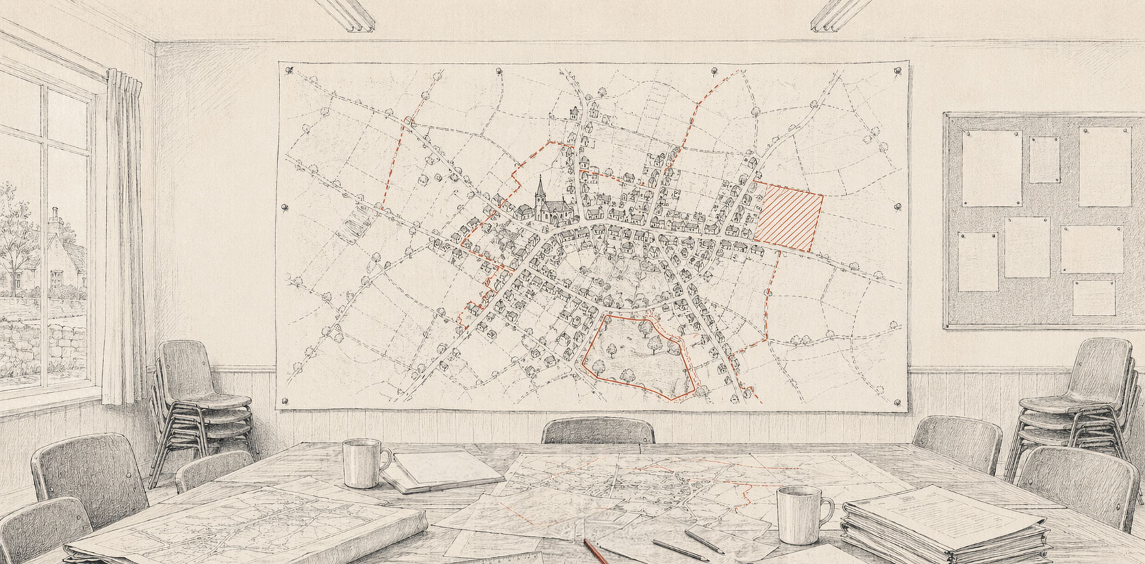 Illustrated village hall meeting room with a large neighbourhood plan map pinned to the wall, showing community-led planning in action