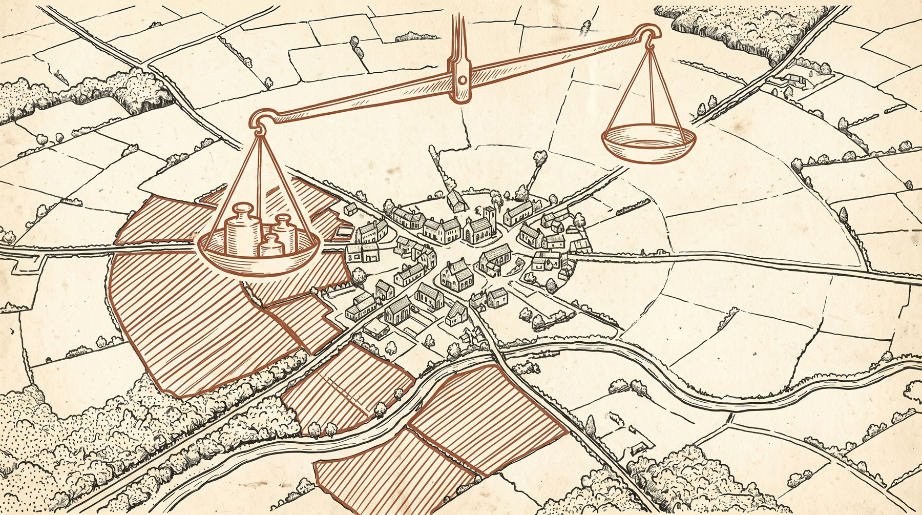 Illustrated aerial view of an English village with tilted balance scales suspended above, representing the five-year housing land supply test