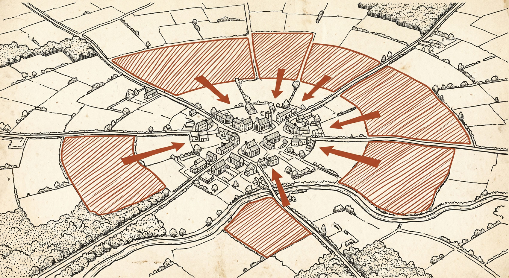 Illustrated aerial view of a rural English village with red arrows pointing inward from surrounding fields, representing development pressure on the countryside