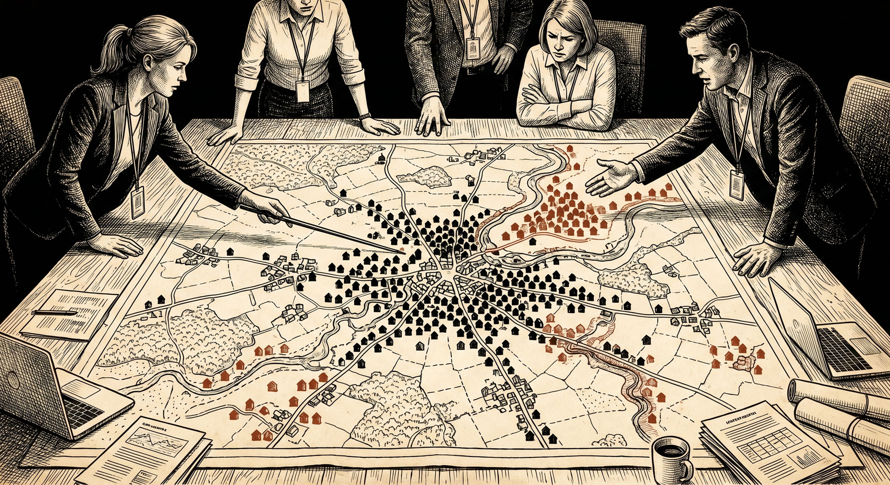 Illustrated scene of planning officers gathered around a table studying a large district map with colour-coded site allocations