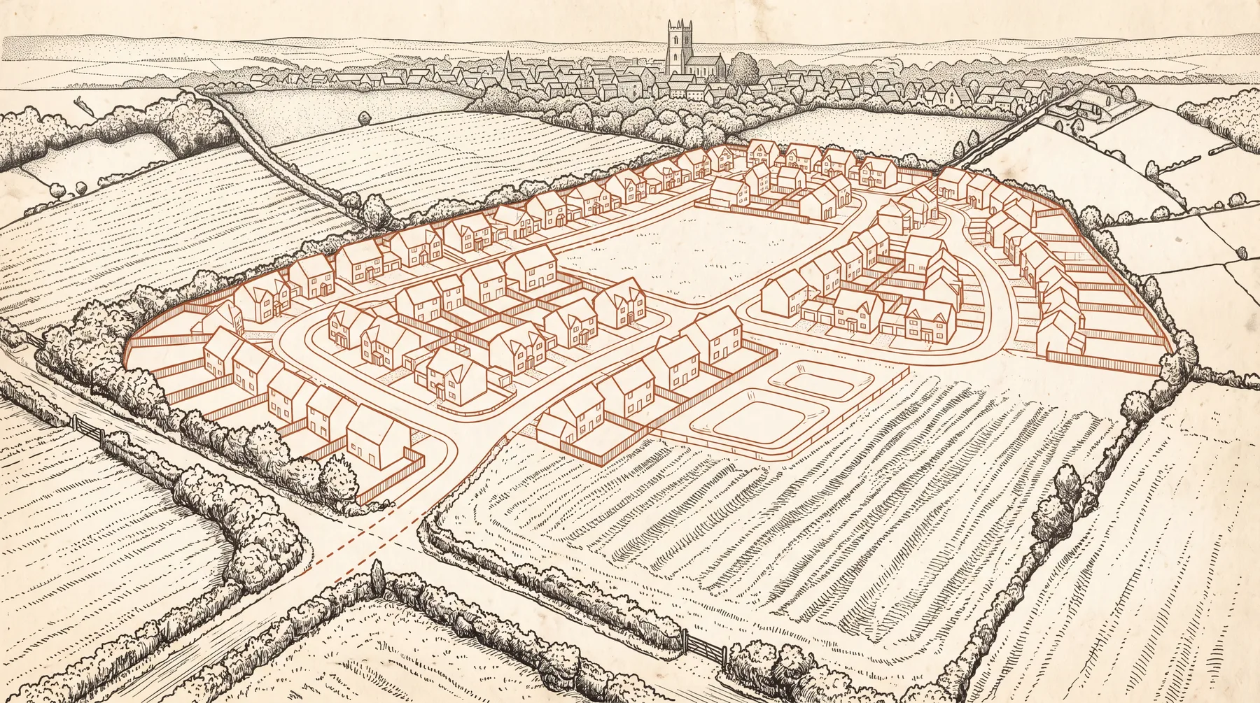 Ink illustration: an aerial view of farmland on the edge of a Cotswold town, hedgerows and ridge and furrow drawn in full, with a proposed housing layout laid over the field as hollow red outlines that have been drawn but not built, the church tower on the horizon