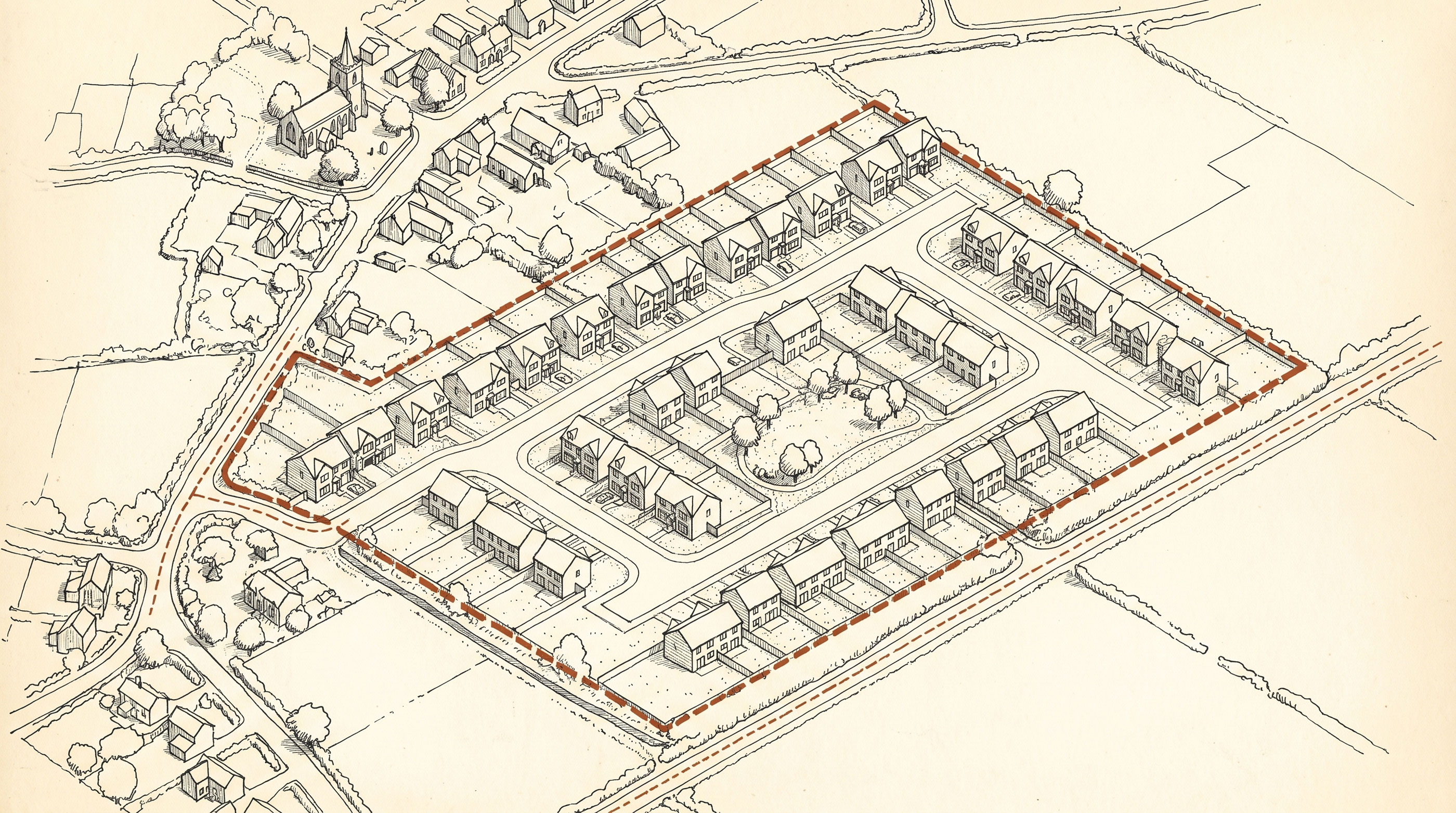 Illustrated isometric view of a typical new-build housing estate outlined in red dashed lines, showing uniform density and repetitive layout